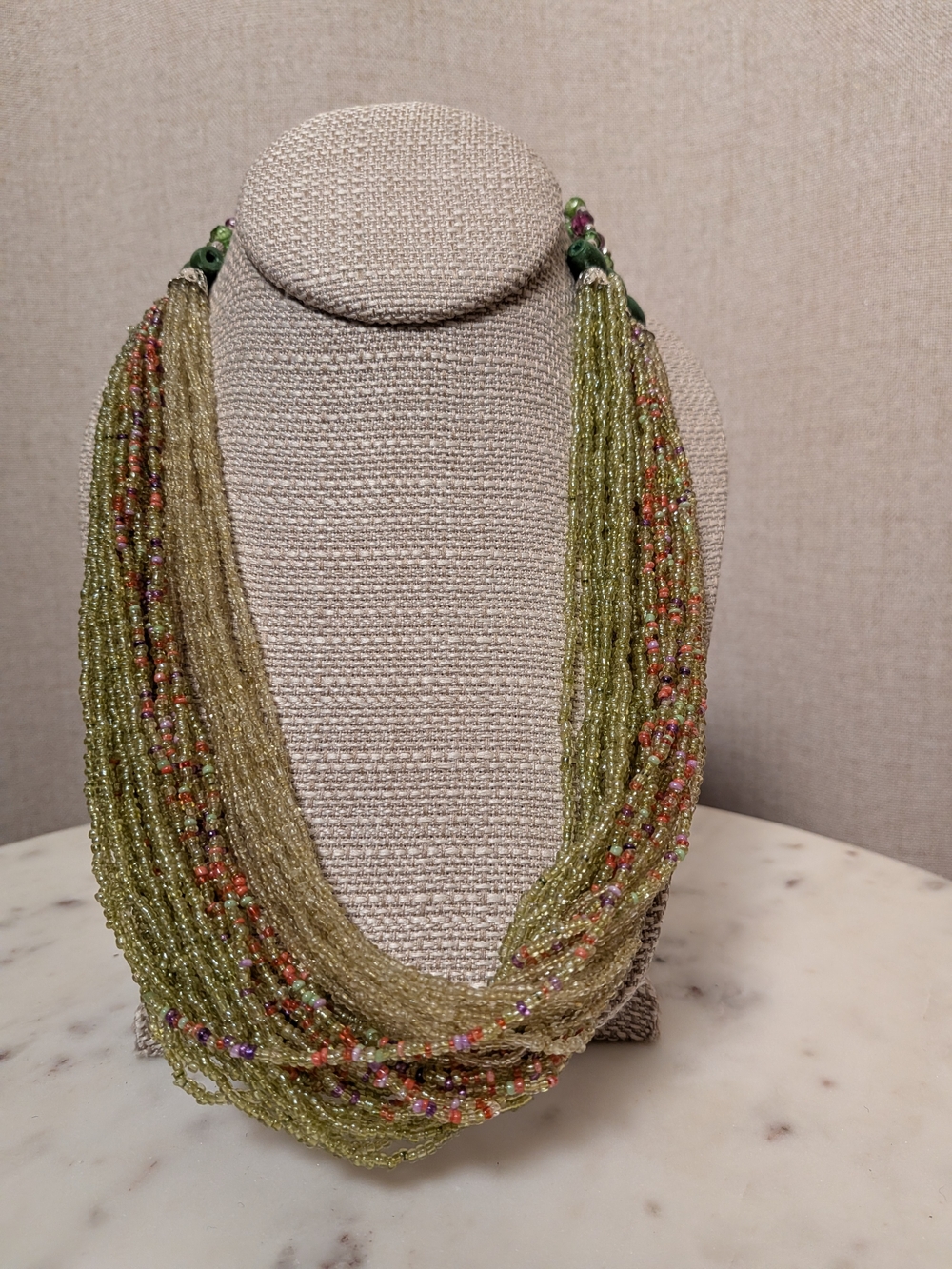 Multi-Strand Olive Green Seed Bead Necklace